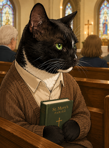 A black cat parishioner at morning prayer