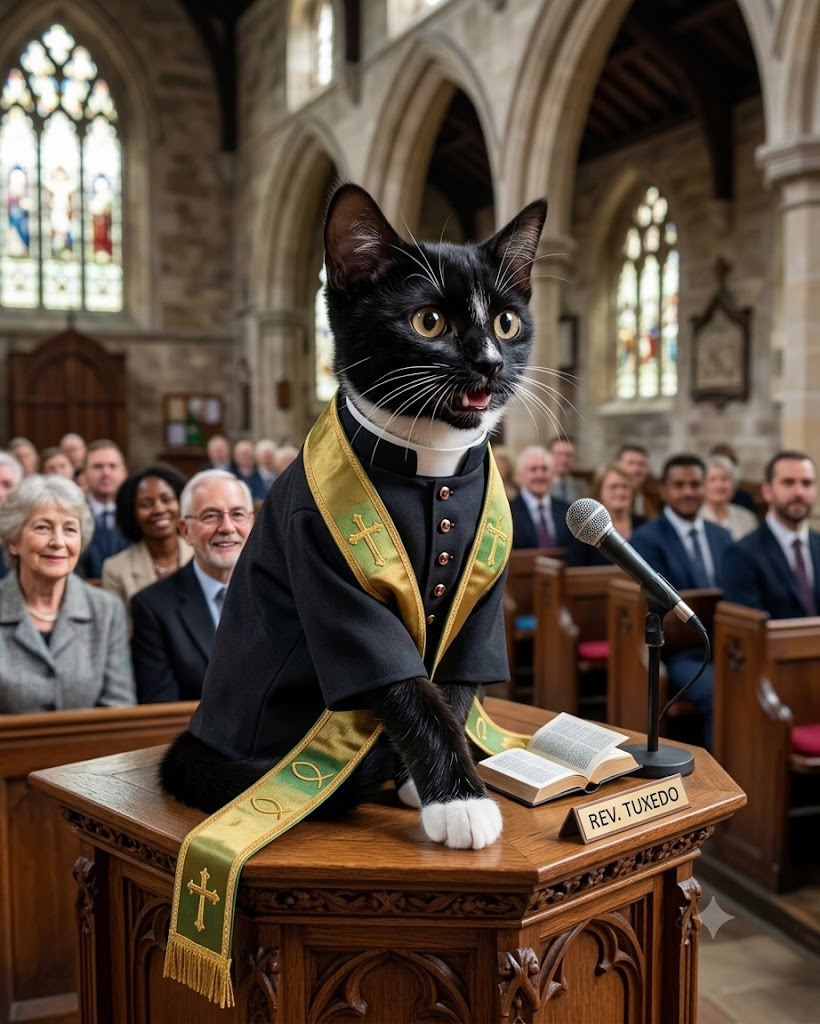 A black cat parishioner in a suit holding a prayer book