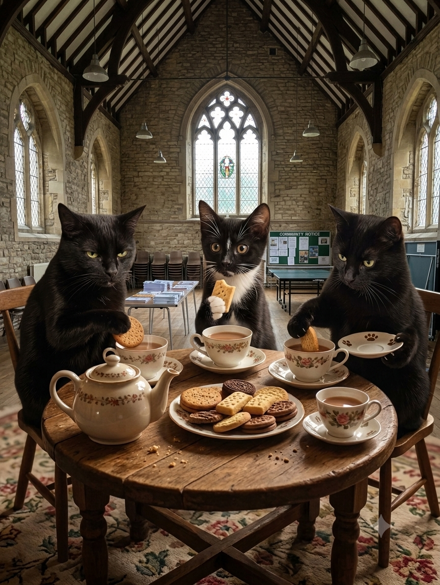Black cat parishioners gathered around tea and biscuits in the church room