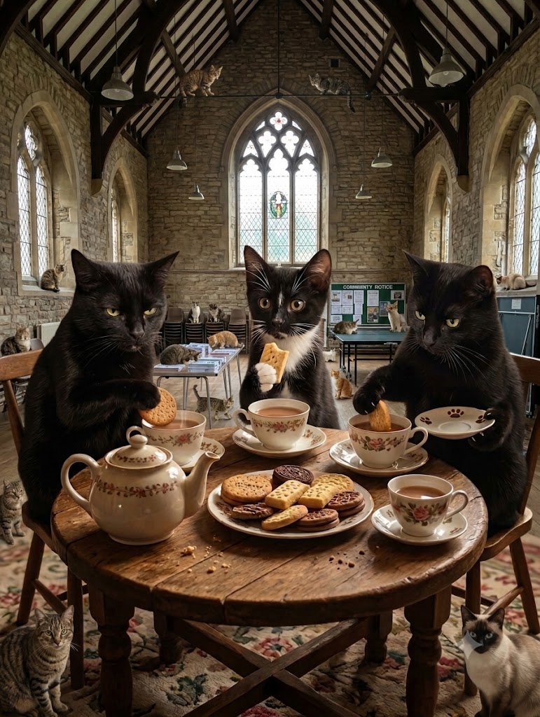 Black cat parishioners sharing tea and biscuits around a wooden table