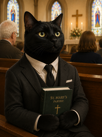 A black cat parishioner holding the Colemantology prayer book in church