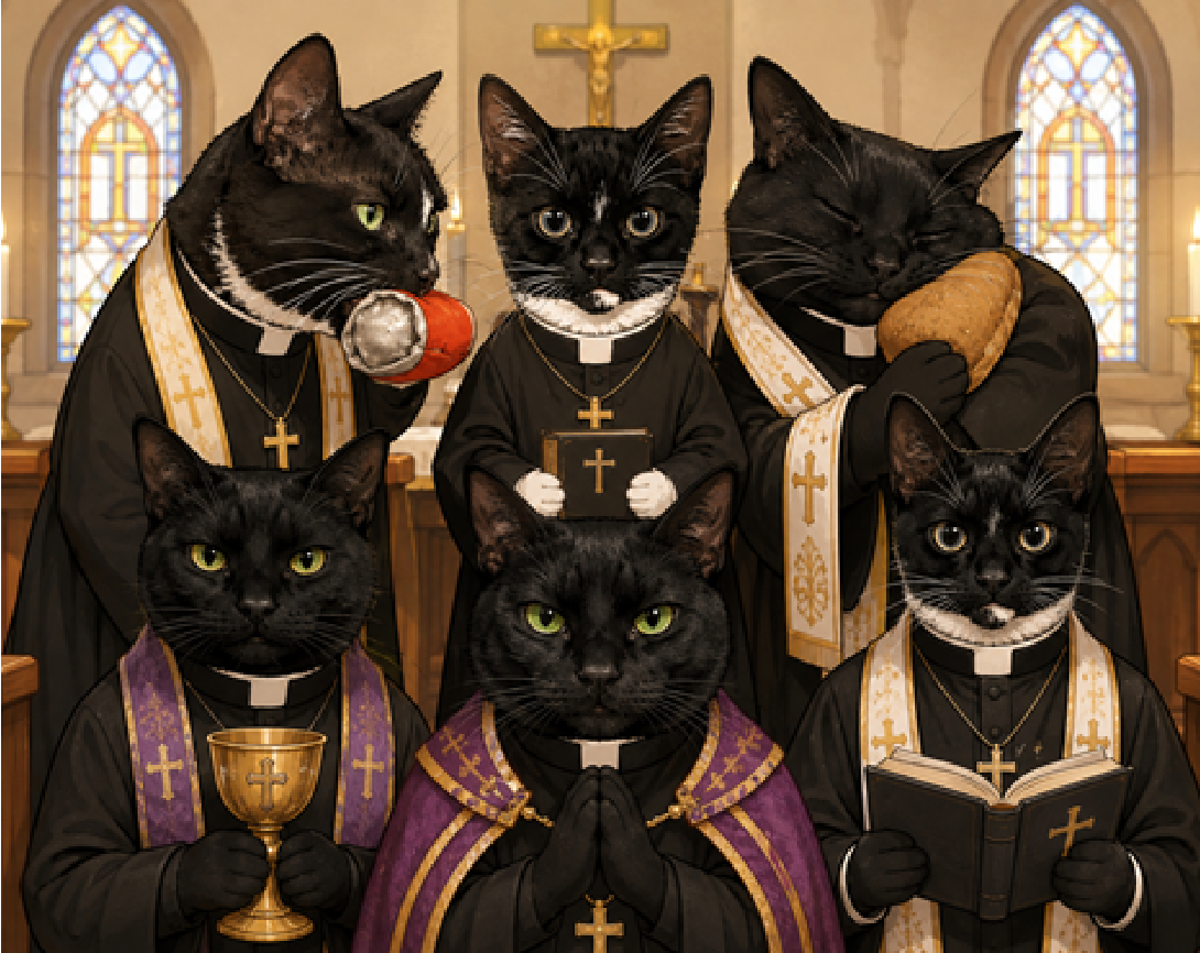 Black cat clergy gathered in the Colemantology chapel